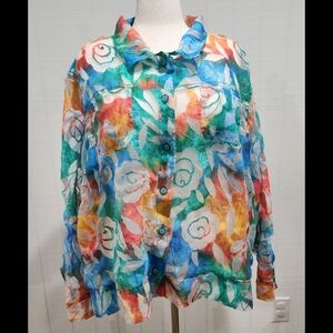 Erin London Open Knit Long Sleeve Button Up Top Shirt Sz 3X Sheer Colorful Artsy